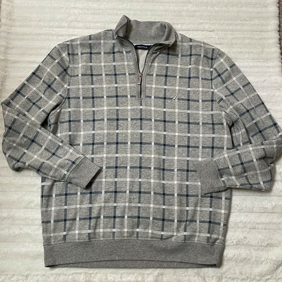 Nautica Gray Plaid 1/4‎ Zip Pullover Sweatshirt - Picture 1 of 3